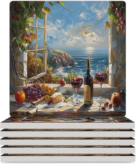 Square-6PCS Red Wine Ceramic Coasters, Square Absorbent Drink Coasters, Oil Painting Style Red Wine Grapes Sea Scenery Ceramic Table Coasters for Coffee, Beverage, Wine, Beer Coasters