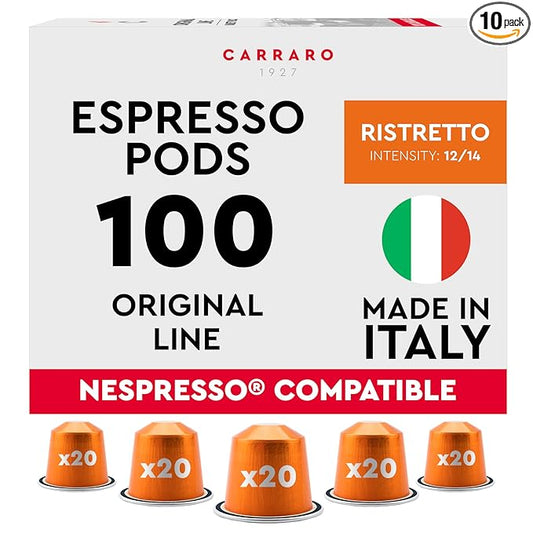CARRARO 1927 Ristretto - 100 Aluminum Espresso Pods Compatible with Nespresso Original line - Intensity 12/14, Dark Roast Espresso Capsules Made in Italy