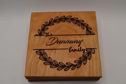 Personalized Wooden Coasters with Monogram, Wedding Date Engraved, Family Name- Choice of Wood (Wreath Family Name)