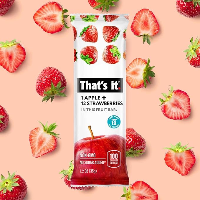 That's it. Apple + Strawberry 100% Natural Real Fruit Bar, Best High Fiber Vegan, Gluten Free Healthy Snack, Paleo for Children & Adults, Non GMO No Sugar Added, No Preservatives Energy Food (12 Pack)