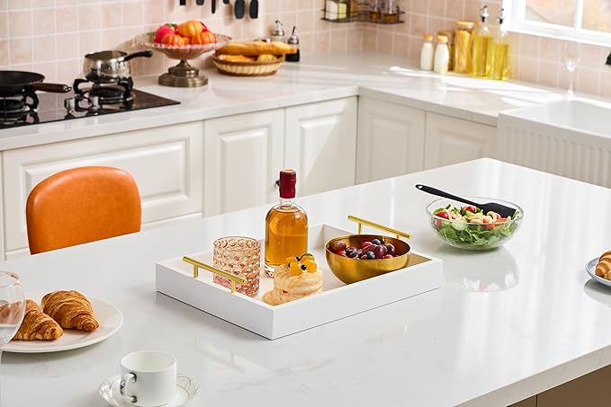 16"x12" Serving Trays with Handles, White Decorative Serving Tray, Ottoman Trays, Living Room, Bathroom, and Outdoors Decorative Trays (White)