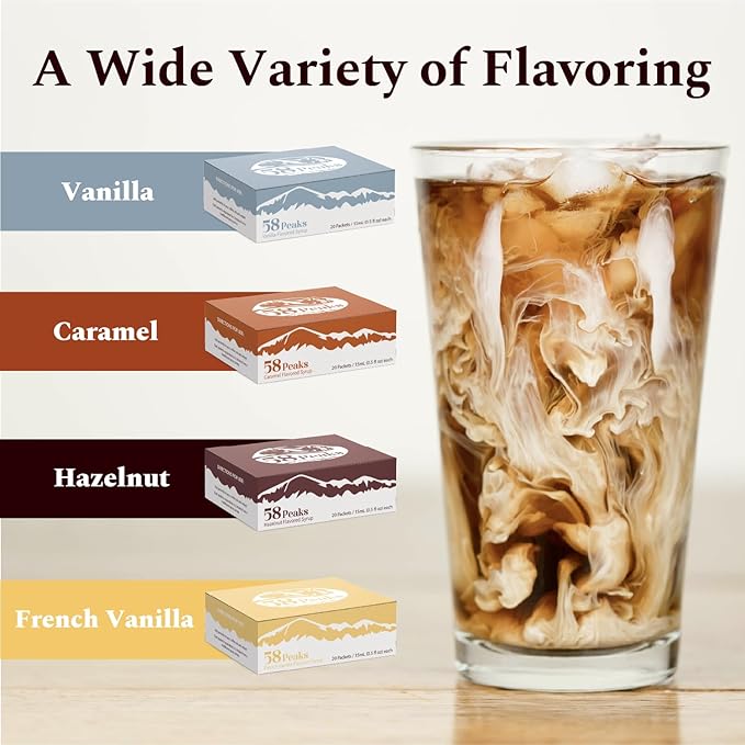 58Peaks French Vanilla Flavored Syrup Sweetener Packets for Hot and Cold Drinks | To-Go Syrup Flavoring Perfect for Coffee, Tea, Milkshake and More | Flavored Coffee Syrups for Travel | 15mL | 20-Pack