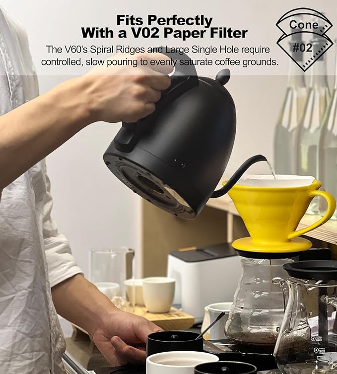 Pour Over Coffee Dripper - Ceramic Cup, Pour Over Coffee Maker Cone, Porcelain Cone, Easy Manual Brew Maker - Strong Flavor Brewer for Home, Cafe, Office - 1-4Cup, V60 Size 02 (Bright Yellow)