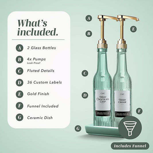 COOK WITH COLOR Glass Coffee Syrup Dispenser with Pump- Set of 2 Syrup Bottles for Coffee Bar, Decorative 350 ML Bottle with Ceramic Holder, Funnel, Labels and Extra Pumps, Textured Sage