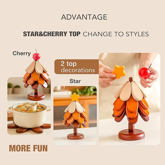 2 Toppers Wooden Tree Trivets Set of 4 for Hot Dishes, Wood Cup Coasters for Drinks, Hot Pads for Hot Pot/Hot Pan & Plate, Christmas Modern Kitchen Counter Decor, Cooking Accessories
