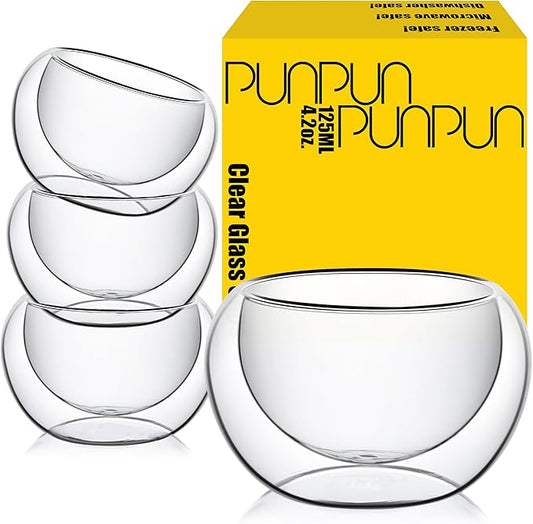 PunPun 4.2oz. 125ml Tea Cups Set of 4, Double Walled Glass Cups for Tea or Coffee, Borosilicate Glasses Heatproof Insulating,Teacups, Hand Made Insulated Cups, Clear Glass Cups