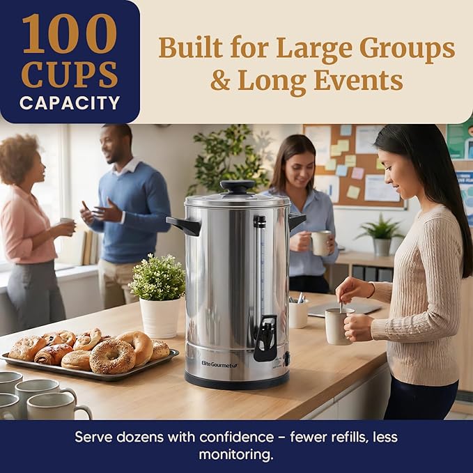 Elite Gourmet 100-Cup Commercial Coffee Urn & Hot Water Boiler – Dual-Wall Insulated, Tested to Keep Coffee Hot for 24 Hours, Dripless Faucet, Stainless Steel for Offices, Churches & Catering