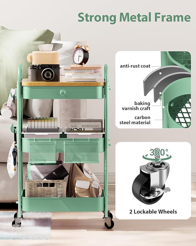 ALVOROG Rolling Cart with Drawer and Wood Table Top, 3 Tier Metal Rolling Utility Cart on Wheels with DIY Pegboards, Hanging Baskets, Hooks for Bedroom,Office,Craft Supplies