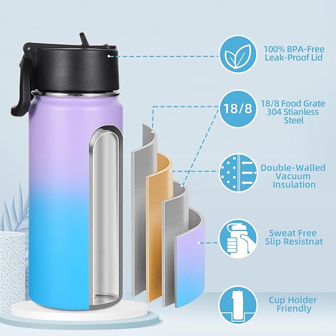 Volhoply 16 OZ Kids Water Bottle Bulk 8 Pack,Insulated Sports Bottles with Straw Lid,Stainless Steel Bottle with Handle Keep Cold & Hot,Double Wall Vacuum Tumbler Cups for School(Assorted, 8)