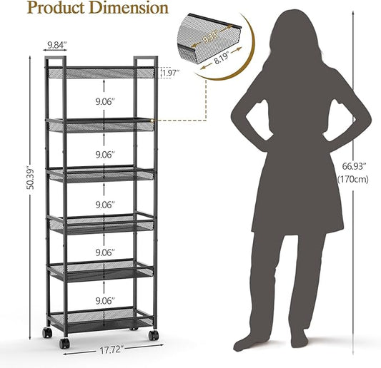 6 Tier Slim Rolling Storage Cart, Narrow Mobile Shelving Unit Organizer Utility Cart with Wheels, Metal Wire Storage Rack with Baskets for Kitchen, Bathroom, Laundry & Living Room, 10in(W) Black