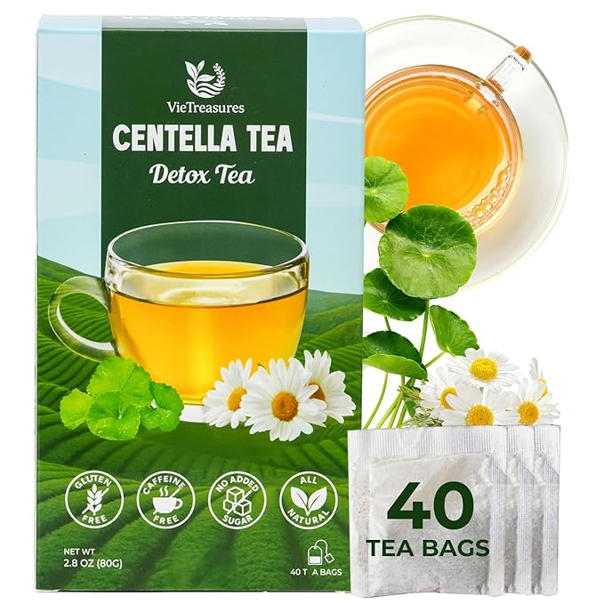 VieTreasures Centella Tea, 40 Tea Bags | Natural Centella & Chamomile. Caffeine-Free, Sugar-Free, Gluten-Free, Mild Sweet Herbal Infusion | Assist With Water Retention & Digestion| Detox Tea, 2.8oz