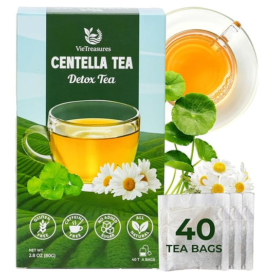 VieTreasures Centella Tea, 40 Tea Bags | Natural Centella & Chamomile. Caffeine-Free, Sugar-Free, Gluten-Free, Mild Sweet Herbal Infusion | Assist With Water Retention & Digestion| Detox Tea, 2.8oz