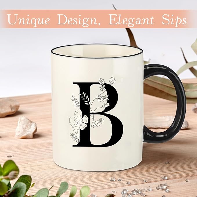 Monogram Ceramic Coffee Mugs, 11 oz Initial Drinking Cup with Gift Box, Unique Birthday Valentines Day Gifts for Women Wife Mothers Day Grandma Mom Aunt, B