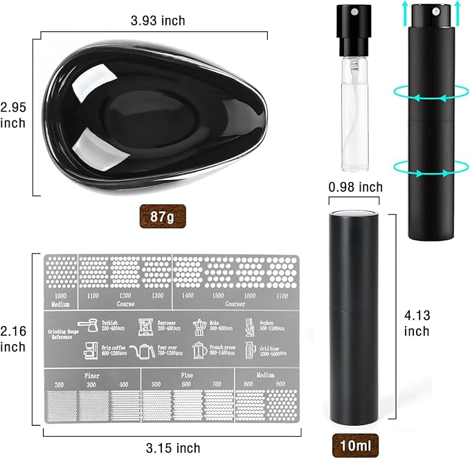 Coffee Bean Dosing Cup, Capacity 20-30g, Measuring Cup with 10ML RDT Spray Bottle and Grind Size Ruler, Ultimate Coffee Kit 3-in-1 Pro Set, Espresso Lover Gift, Tea Bar Accessories Kit (Black Ceramic)