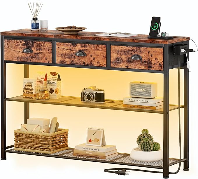 Furologee Console Table with Charging Station & 3 Fabric Drawers, 38'' Entryway Table with Storage Shelves and LED Light for Entry Way, Industrial Display Shelf for Hallway, Foyer, Rustic Brown | 3 Fabric Drawers, Storage Shelves, LED Light, Entry Way,...