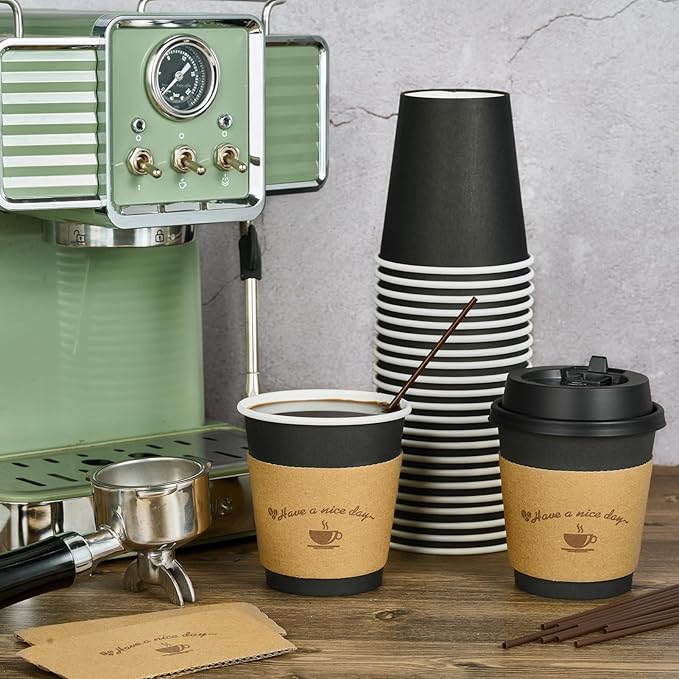 LITOPAK 100 Pack 10 oz Paper Coffee Cups for Hot Chocolate Drinks, Black Disposable Coffee Cups with Lids, Sleeves and Stirring Sticks for Parties, Picnic, Travel, and Events