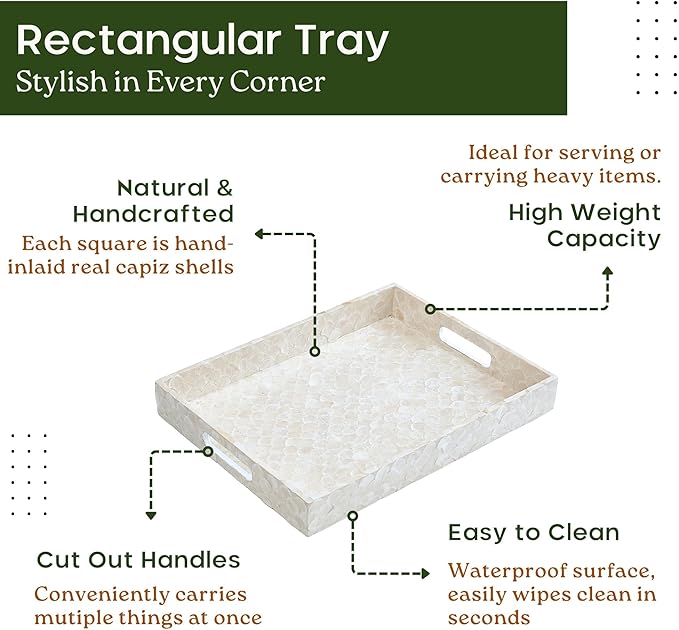 Capiz Decorative Tray 15.8” x 11.8” x 1.8" Rectangular Tray, Natural Handmade Serving Tray with Handles for Coffee Tables, Ottoman, Vanity, Kitchen, Coastal Boho Home Decor, White