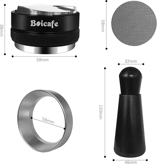58mm Espresso Accessories Kit, 4 PCS 58mm Coffee Distributor Espresso Coffee Tamper Leveler with WDT Tool, Dosing Funnel and Espresso Puck Screen for Bottomless Portafilter (58mm)