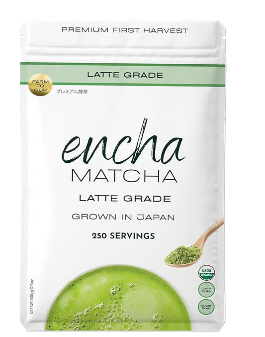 Encha Latte Grade Matcha Powder - First Harvest Organic Unsweetened Matcha Green Tea, From Uji, Japan (500g / 1lb) Premium Powder for matcha Latte, Smoothie | Caffeine, L-Theanine