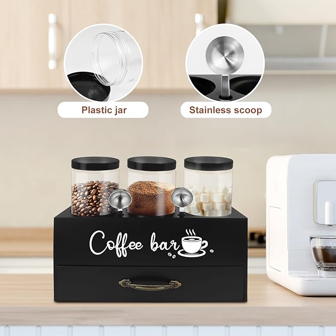 54 oz Coffee Canister Set with Shelf, Coffee and Sugar Container Set of 3 Canisters Sets for Kitchen Counter, Plastic Coffee Bean Storage Container with Scoop (Black - Drawer)
