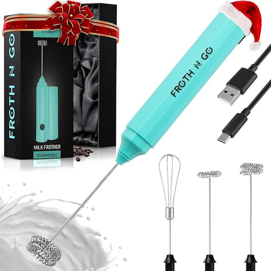 Zulay Froth N Go Milk Frother – Rechargeable 3-in-1 Handheld Frother Wand with Travel Case & USB-C Charger – Single, Double & Egg Whisk for Latte, Cappuccino, Matcha, Protein Shakes – Aqu