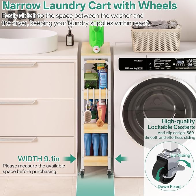 Laundry Room Organization Cart, 4 Tier Slim Rolling Cart for Small Narrow Spaces, Storage Shelf Cabinet with Wheels for Bathroom, Utility Room, Kitchen, Near Washer Dryer (9.1" Overall Width)