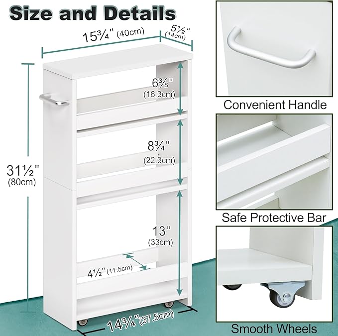 MARTY White Slim Storage Cart with Wheels, 4 Tier Rolling Utility Cart with Handle Slide Out Shelving Unit Organizer Trolley for Laundry Kitchen Bathroom Narrow Places Small Corner