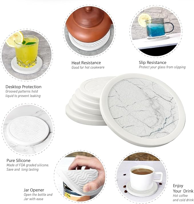 Set of 6 Non-Slip Silicone Coasters with Holder, Double-Sided Absorbent for Hot/Cold Drinks, Scratch & Water Ring Protection for Wood Tables, Home Office Bar, Black Gold Marble (White)