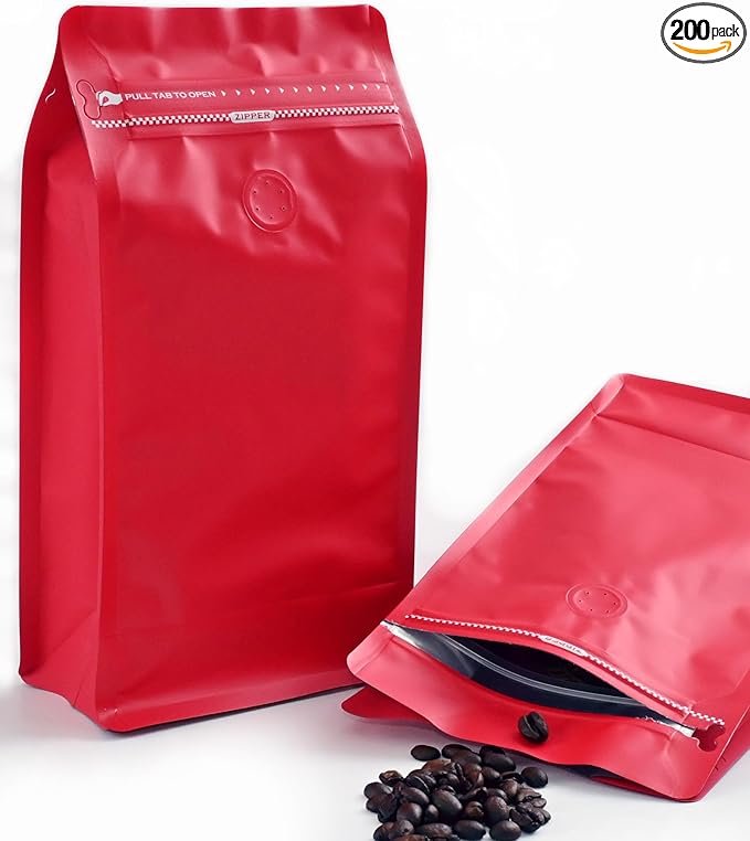 12mil Stand Up Coffee Bags, Flat Bottom Pouch with one-way Air Release Valve and Reusable Side Zipper(Red, 200PCS-Large-2.2lb/32oz/1kg)
