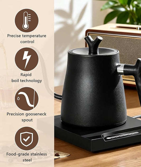 Gooseneck Electric Kettle | Electric Pour Over Kettle with Variable Temperature Control | 100% Stainless Steel Interior, Keep Warm & Auto Shut-Off | 1.0L Fast Boil for Coffee & Tea, Matte Black