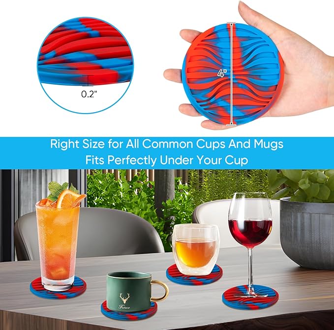 6 Pack Rubber Drink Coasters,Coasters for Drink with Holder,Silicone Cup Mat Non-Stick,Non-Slip,Thickened Live for Hot or Cold Drink(Blue Red)