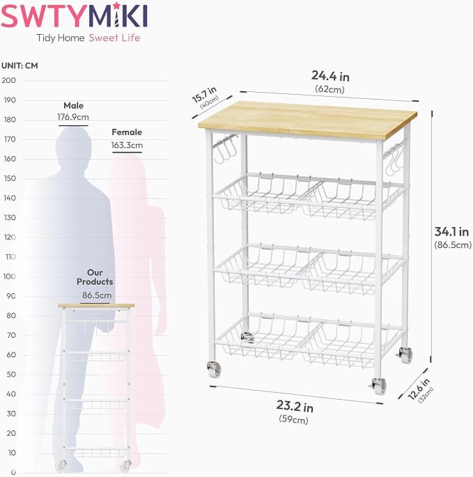 SWTYMIKI Rolling Kitchen Storage Cart - 4 Tier Microwave Table Stand with 6 Storage Baskets, Coffee Bar with Wheels, Kitchen Utility Cart Shelf Rack Organizer for Fruit, Vegetables, Potato (White)