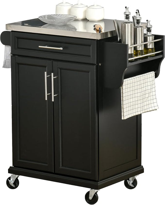 HOMCOM Kitchen Island on Wheels, Rolling Kitchen Cart with Stainless Steel Countertop, Drawer, Towel Rack and Spice Rack, Utility Storage Trolley, Black