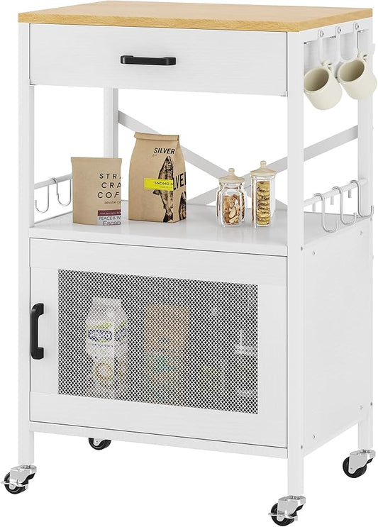 Homeiju Kitchen Island Cart, Kitchen Storage Cart with Drawer, Microwaves Stand, Coffee Cart, Rolling Kitchen Cabinet Cart with Hooks for Kitchen, Dining Room, White