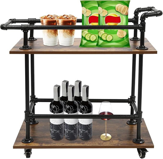 Industrial Bar Cart with Wheels, 2-Tier Rolling Kitchen Serving Cart, Mobile Wine Rack Storage Cart with Locking Casters for Home Bar Cafe Office