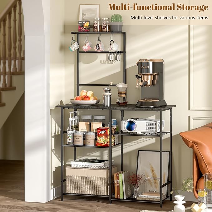 Baker's Rack for Kitchen with Storage, Microwave Stand with Adjustable Shelves, Kitchen Stand with 10 S Hooks, 6-Tier Coffee Bar Station, Storage Shelves for Spices, Pots, Gray