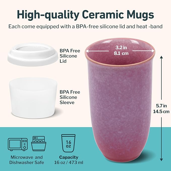 NOVA CERAMICS Coffee Travel Mug – Cup Holder Friendly Travel Mug– Microwave & Dishwasher Safe White & Purple Tumbler - Coffee Mug Fits In Cup Holder – 16oz – Astral Bloom