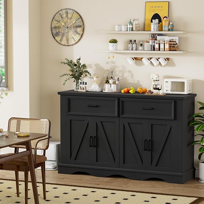56" Large Wooden Buffet Cabinet with Storage, Modern Coffee Bar and Wine Bar, Wave Base Design, Multi-Purpose Buffet Table with Charging Station for Dining Room, Kitchen or Living Room, Black