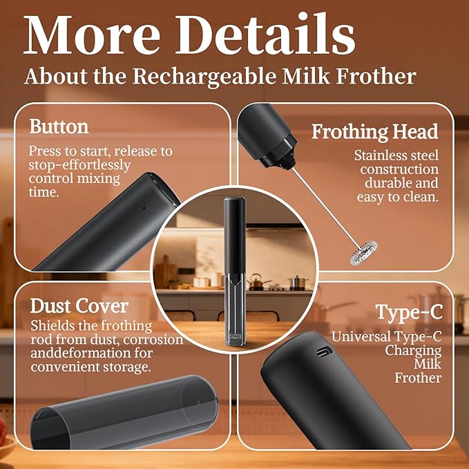 Electric Milk Frother Rechargeable with Cover, Portable Coffee Whisk Frother Black, Compact Electric Beverage Stirrer Wand for Latte, Cappuccino, Kitchen, Outdoor