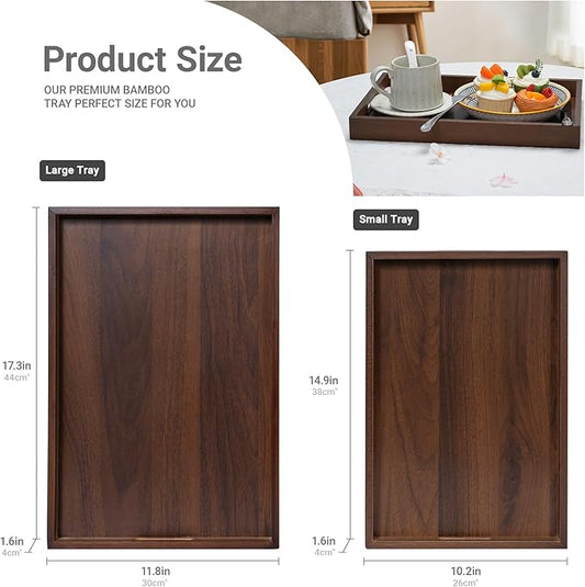 14.9''x10.2''x1.57'' Bamboo Wooden Tray with Handles, Rectangular Natural Solid Wood, Walnut Dark Brown Color Serving Tray.Suitable for Kitchen,Bedroom,Breakfast,Coffee,Decorative,Party Bars.