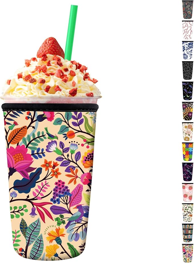 Reusable Neoprene Insulator Sleeve for Iced Coffee Cups, Medium 22-28oz Durable Drink Sleeve for Cold Beverages, Cute Beverage Holder Cup Sleeve for Women Men Boho Pink Floral