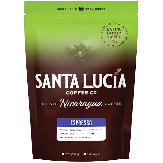 Santa Lucia Coffee Café Crema Espresso Roast Coffee - Specialty Volcanic Nicaraguan Espresso Roast - Farm-Direct, Low-Acid - Dense Golden Crema - 91-Point, Small-Batch - Ground FINE - 16oz (Pack of 1)