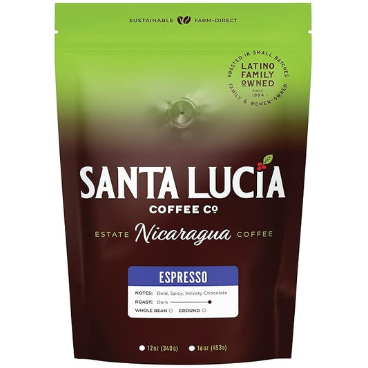 Santa Lucia Coffee Café Crema Espresso Roast Coffee - Specialty Volcanic Nicaraguan Espresso Roast - Farm-Direct, Low-Acid - Dense Golden Crema - 91-Point, Small-Batch - Ground FINE - 16oz (Pack of 1)