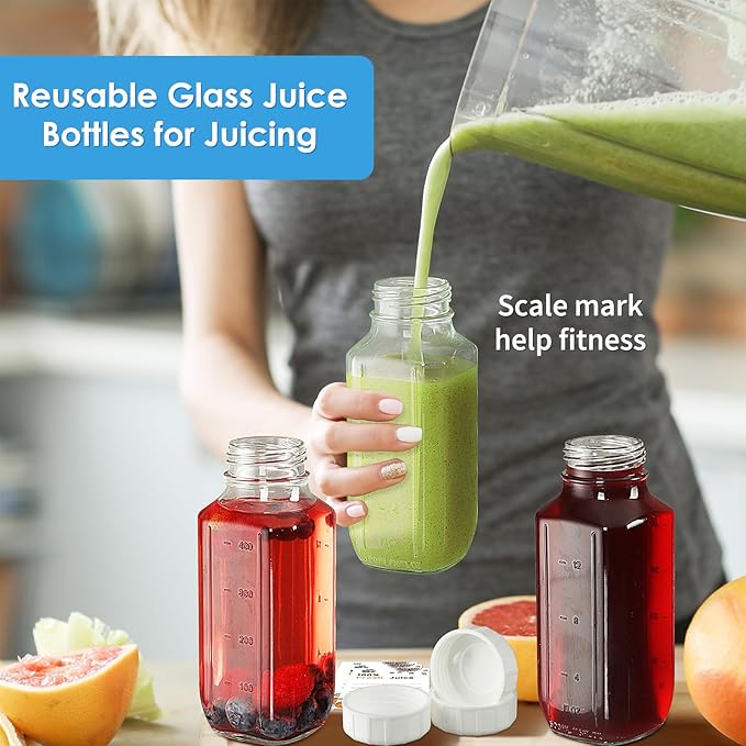 6 Pack 16 Oz Glass Juice Bottles with 2 Pour Spouts, 100% Airtight Heavy Duty SCREW Lid- Reusable Glass Milk Bottles w Scale Mark, Square Drinking Jar Juice Container Breast Milk Pitcher(Extra 2 Lid)
