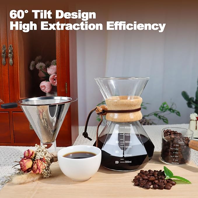 Pour Over Coffee Maker 800ml 27.1oz Glass Drip Coffee Maker with 304 Stainless Steel Filter High Borosilicate Glass Duckbill Spout Solid Wood Handle Pour Over Coffee Dripper for Daily Brewing