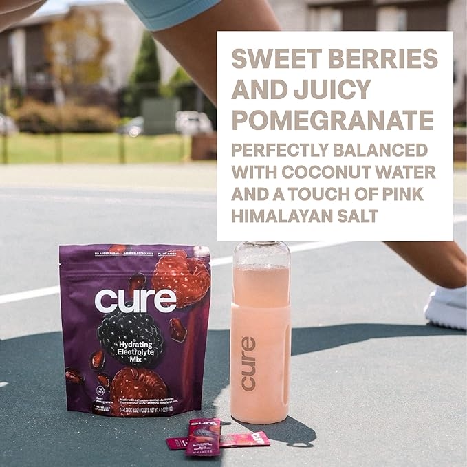 Cure Hydration | Plant-Based Electrolyte Drink Mix | No Added Sugar | FSA-HSA | Dehydration Relief Powder Made with Coconut Water | Non-GMO | Vegan | Box of 8 Packets - Berry Pomegranate