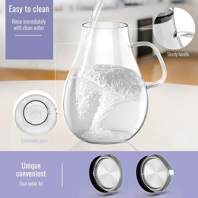 Glass Pitcher With Lid, 2.5 Liter 85 oz Glass Water Pitcher For Fridge, 0.66 Gallon Pitchers With Handle And Lid, Tea Jug Carafe Jar For Hot/Iced Water Milk Juice Coffee Fruit