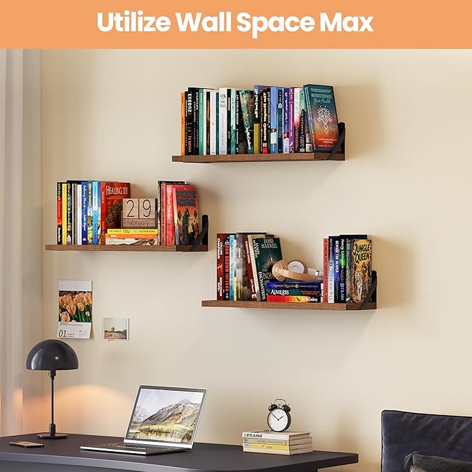 upsimples Floating Book Shelves for Wall, 23.6 Inches Floating Wood Shelves for Living Room, Laundry Room, Bedroom, Office Organizer and Storage, Brown