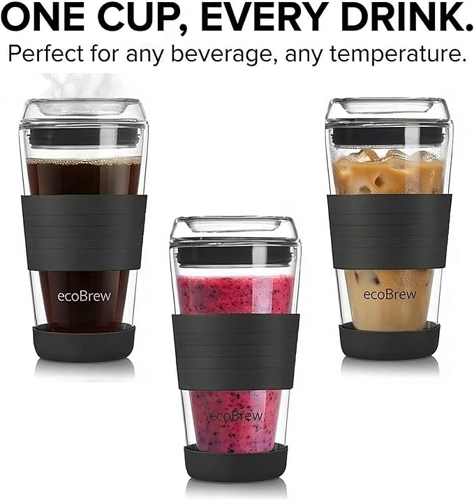 16oz Double Wall All Glass Tumbler with Lid, Glass Travel Mug, Dishwasher Safe & Microwavable Clear Coffee Tumbler To Go, Reusable Ceramic Cup with Lid, Black