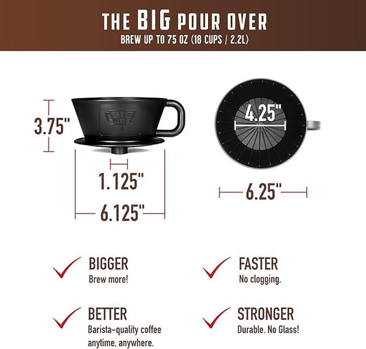 BIG JOE® Large Pour Over Coffee Maker w/ 50 Filters, Brews from 12 up to 75 Ounces, Fits Any Drinkware, Dishwasher Safe, Made in USA